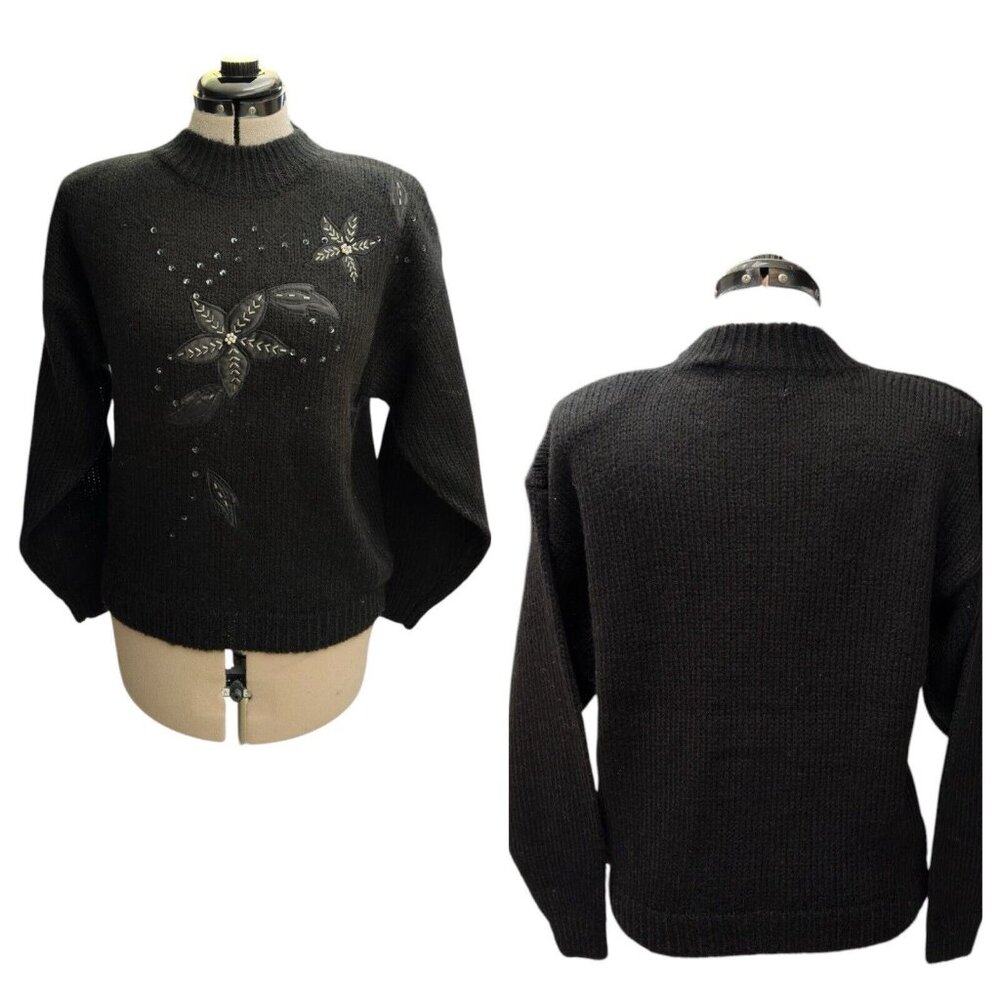 Vintage Shenanigans Black Beaded Applique Sweater 80s Black Sequins Appliqué